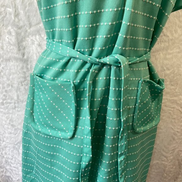 Vintage 60’s Retro Teal Polka Dot Print Abstract Belted Midi Dress Frock - Picture 3 of 14
